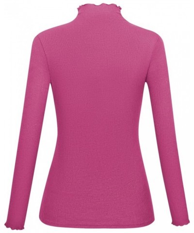 Lightweight Ruffle Mock Neck Tops Ribbed Lettuce Trim Soft Base Layer for Women Hot Pink $9.51 Underwear