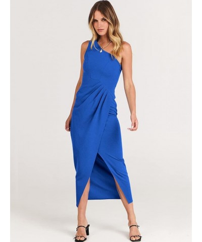 Women's 2024 One Shoulder Sleeveless Cocktail Dress Sexy High Slit Ruched Bodycon Wedding Guest Maxi Dresses Royal Blue $28.0...