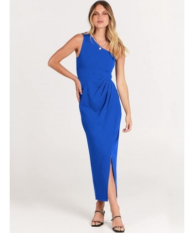 Women's 2024 One Shoulder Sleeveless Cocktail Dress Sexy High Slit Ruched Bodycon Wedding Guest Maxi Dresses Royal Blue $28.0...