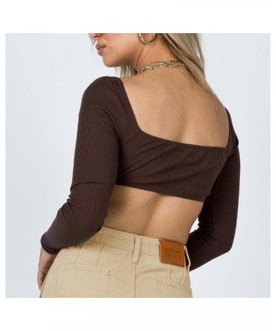 Women Long Sleeve Bustier Crop Top Square Neck Crop Blouse Shirt Top Slim Fit Clubwear Y2K Streetwear A-square Neck Brown $6....