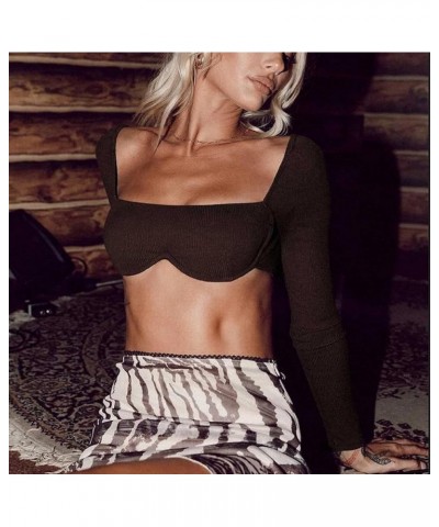 Women Long Sleeve Bustier Crop Top Square Neck Crop Blouse Shirt Top Slim Fit Clubwear Y2K Streetwear A-square Neck Brown $6....