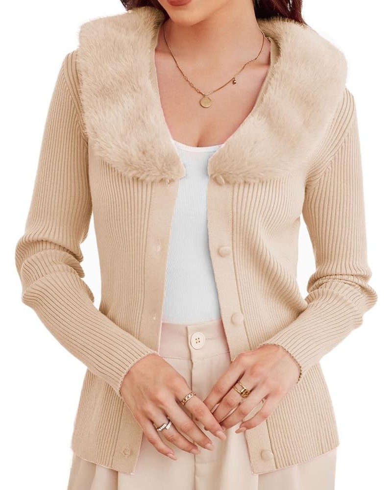 Women's Fluffy Fur Collar Cardigan Ribbed Knitted V-Neck Cardigan Sweater with Detachable Faux Fur Collar Apricot $23.51 Swea...