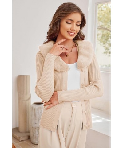 Women's Fluffy Fur Collar Cardigan Ribbed Knitted V-Neck Cardigan Sweater with Detachable Faux Fur Collar Apricot $23.51 Swea...