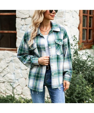 Womens Lapel Button Down Flannel Plaid Shirts Long Sleeve with Pocket Shacket Jacket Coats Boyfriend Tops Blouse Green $21.99...