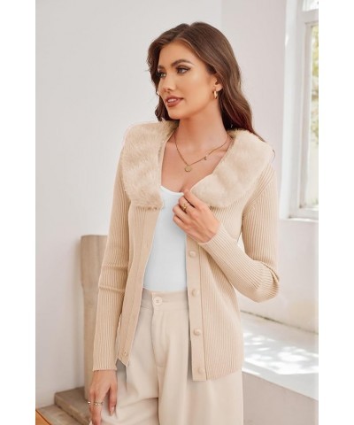 Women's Fluffy Fur Collar Cardigan Ribbed Knitted V-Neck Cardigan Sweater with Detachable Faux Fur Collar Apricot $23.51 Swea...