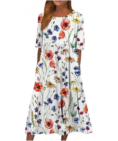 Women's Boho Floral Short Sleeve Midi Dress Summer Casual Loose Crewneck Swing Tshirt Dress with Pockets Boho 2 $15.01 Dresses