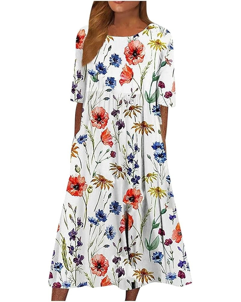 Women's Boho Floral Short Sleeve Midi Dress Summer Casual Loose Crewneck Swing Tshirt Dress with Pockets Boho 2 $15.01 Dresses