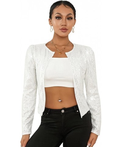 Cropped Tops for Women Long Sleeve Open Front Cardigan Shrug Blazer Solid Sequins Glitter Crop Jacket Party Clubwear A-silver...