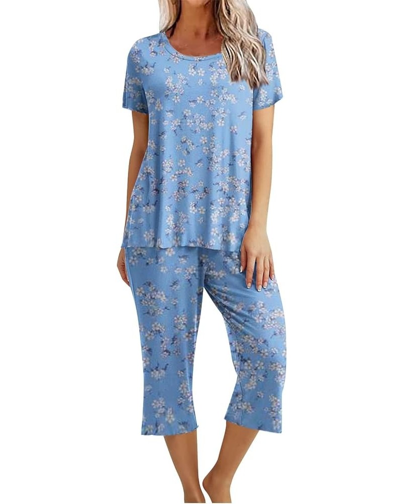 Womens Pajama Sets V-Neck Capri Pants Sleepwear Floral Print Short Sleeve Two-Piece Pj Lounge Sets with Pockets Crewneck 05-b...