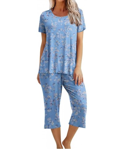 Womens Pajama Sets V-Neck Capri Pants Sleepwear Floral Print Short Sleeve Two-Piece Pj Lounge Sets with Pockets Crewneck 05-b...