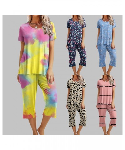 Womens Pajama Sets V-Neck Capri Pants Sleepwear Floral Print Short Sleeve Two-Piece Pj Lounge Sets with Pockets Crewneck 05-b...