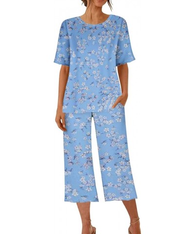 Womens Pajama Sets V-Neck Capri Pants Sleepwear Floral Print Short Sleeve Two-Piece Pj Lounge Sets with Pockets Crewneck 05-b...