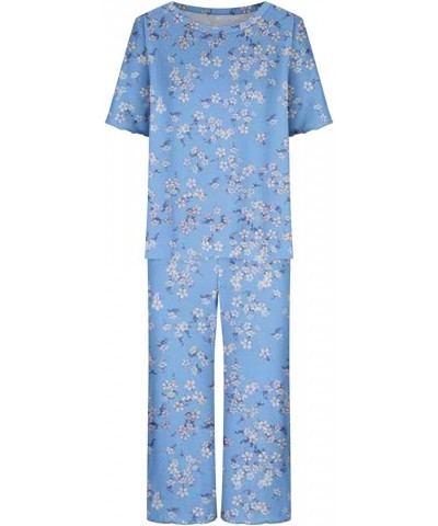 Womens Pajama Sets V-Neck Capri Pants Sleepwear Floral Print Short Sleeve Two-Piece Pj Lounge Sets with Pockets Crewneck 05-b...