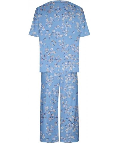 Womens Pajama Sets V-Neck Capri Pants Sleepwear Floral Print Short Sleeve Two-Piece Pj Lounge Sets with Pockets Crewneck 05-b...