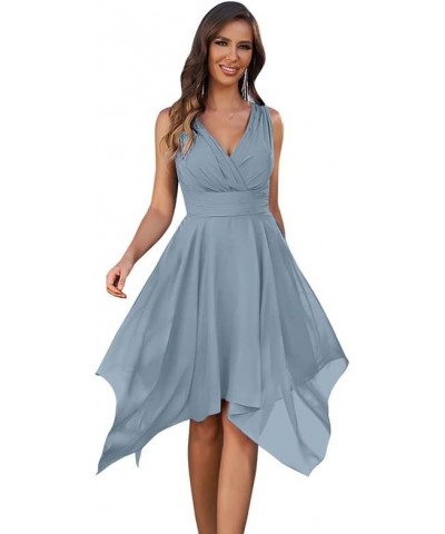 V Neck Chiffon Bridesmaid Dresses for Women Short A Line Pleated Formal Dress Wedding Guest Dress Dusty Blue $26.65 Dresses