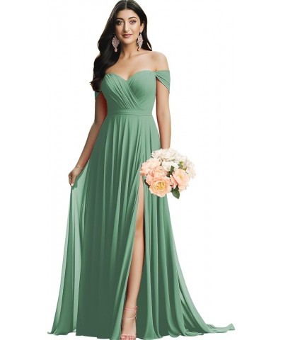 Off The Shoulder Bridesmaid Dresses for Wedding Ruched Chiffon Split Formal Evening Dress with Pockets Eucalyptus $30.24 Dresses