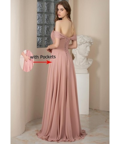 Off The Shoulder Bridesmaid Dresses for Wedding Ruched Chiffon Split Formal Evening Dress with Pockets Eucalyptus $30.24 Dresses