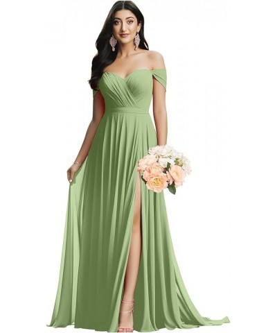 Off The Shoulder Bridesmaid Dresses for Wedding Ruched Chiffon Split Formal Evening Dress with Pockets Eucalyptus $30.24 Dresses