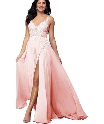 Women's V Neck Lace Appliqued Prom Dresses A-line High Slit Formal Evening Party Gowns Blush $34.00 Dresses