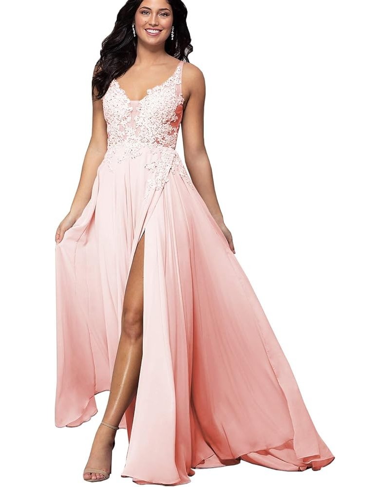 Women's V Neck Lace Appliqued Prom Dresses A-line High Slit Formal Evening Party Gowns Blush $34.00 Dresses