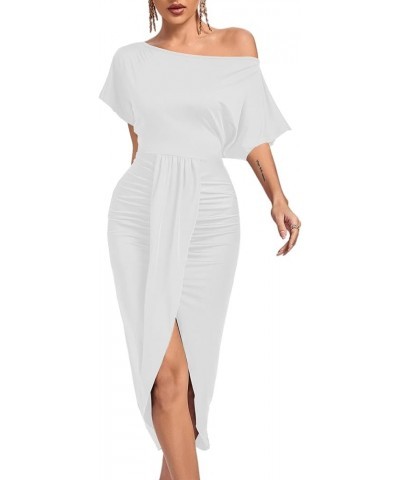 Women's One Off The Shoulder Ruched Wrap Front Split Hem Draped Party Midi Dress White $24.93 Dresses