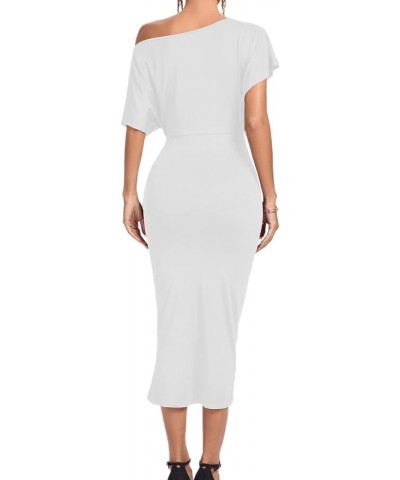 Women's One Off The Shoulder Ruched Wrap Front Split Hem Draped Party Midi Dress White $24.93 Dresses