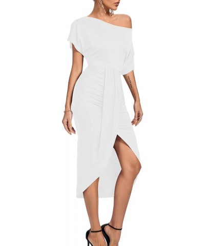 Women's One Off The Shoulder Ruched Wrap Front Split Hem Draped Party Midi Dress White $24.93 Dresses