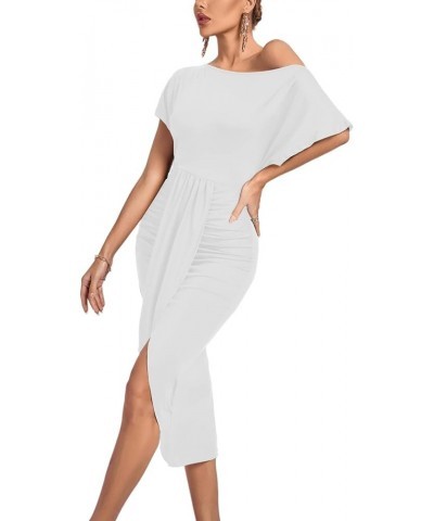 Women's One Off The Shoulder Ruched Wrap Front Split Hem Draped Party Midi Dress White $24.93 Dresses