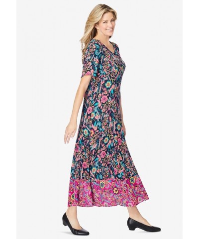 Women's Plus Size Short-Sleeve Crinkle Dress Navy Painterly Bouquet $18.92 Dresses