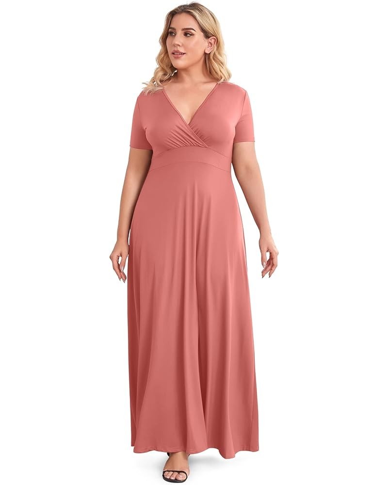 Women's Solid V-Neck Short Sleeve Plus Size Evening Party Maxi Dress Seaweed Pink $17.63 Dresses