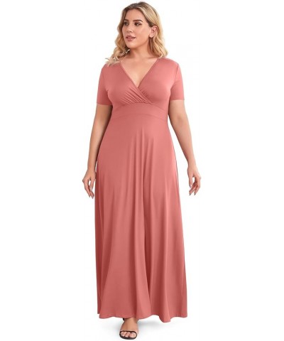 Women's Solid V-Neck Short Sleeve Plus Size Evening Party Maxi Dress Seaweed Pink $17.63 Dresses