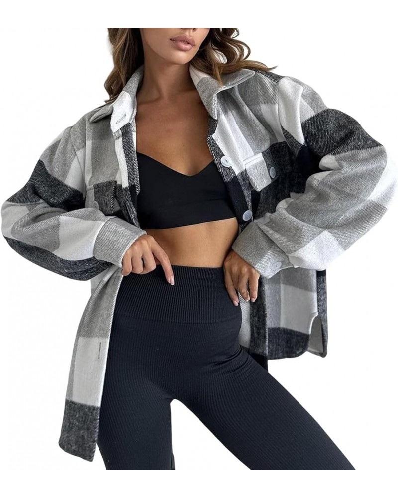 Plaid Shacket Jacket Women With Pockets,Flannel Shacket Women Plus Size,Long Sleeve Button Up Shirt Grey 2 $10.88 Blouses