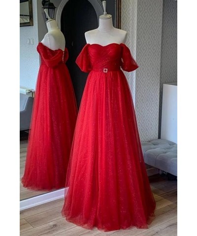 Glitter Tulle Prom Dresses Off The Shoulder Sweetheart Puffy Long Evening Gowns for Women 2023 Wine Red $41.80 Dresses