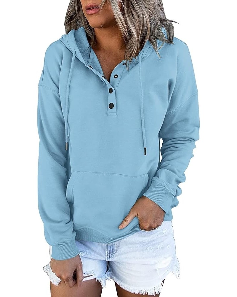 Hoodies for Women Long Sleeve Button up Drawstring Hooded Sweatshirts Casual Solid Color Kangaroo Pocket Pullover 05-light Bl...