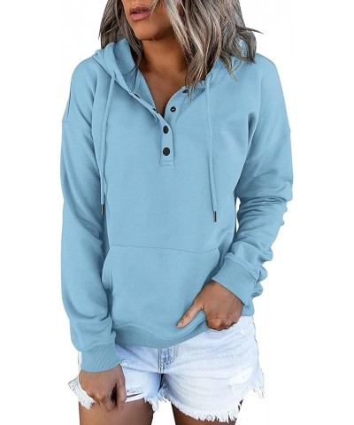 Hoodies for Women Long Sleeve Button up Drawstring Hooded Sweatshirts Casual Solid Color Kangaroo Pocket Pullover 05-light Bl...