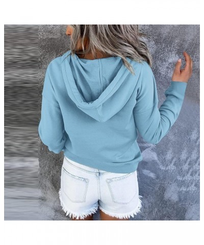 Hoodies for Women Long Sleeve Button up Drawstring Hooded Sweatshirts Casual Solid Color Kangaroo Pocket Pullover 05-light Bl...