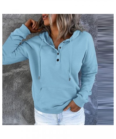 Hoodies for Women Long Sleeve Button up Drawstring Hooded Sweatshirts Casual Solid Color Kangaroo Pocket Pullover 05-light Bl...