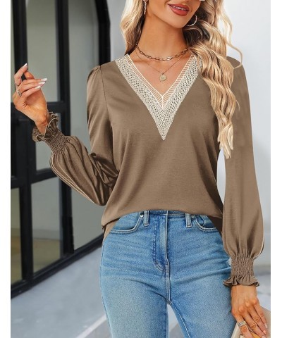 Womens Tops Dressy Casual Lace V Neck Shirts Puff Long Sleeve Fashion Loose Blouse 2-khaki $14.26 Blouses