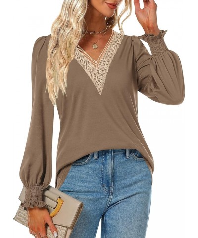 Womens Tops Dressy Casual Lace V Neck Shirts Puff Long Sleeve Fashion Loose Blouse 2-khaki $14.26 Blouses