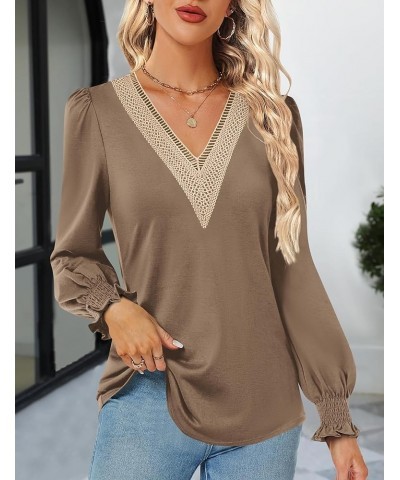 Womens Tops Dressy Casual Lace V Neck Shirts Puff Long Sleeve Fashion Loose Blouse 2-khaki $14.26 Blouses