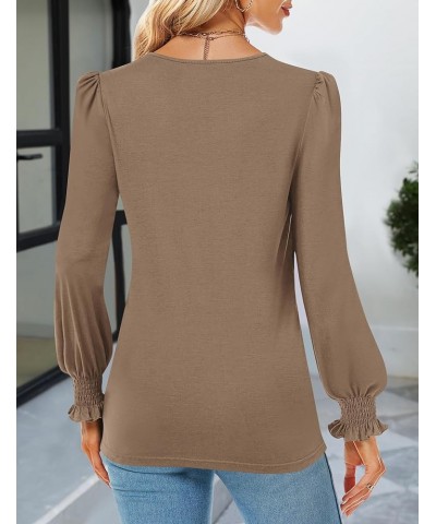 Womens Tops Dressy Casual Lace V Neck Shirts Puff Long Sleeve Fashion Loose Blouse 2-khaki $14.26 Blouses