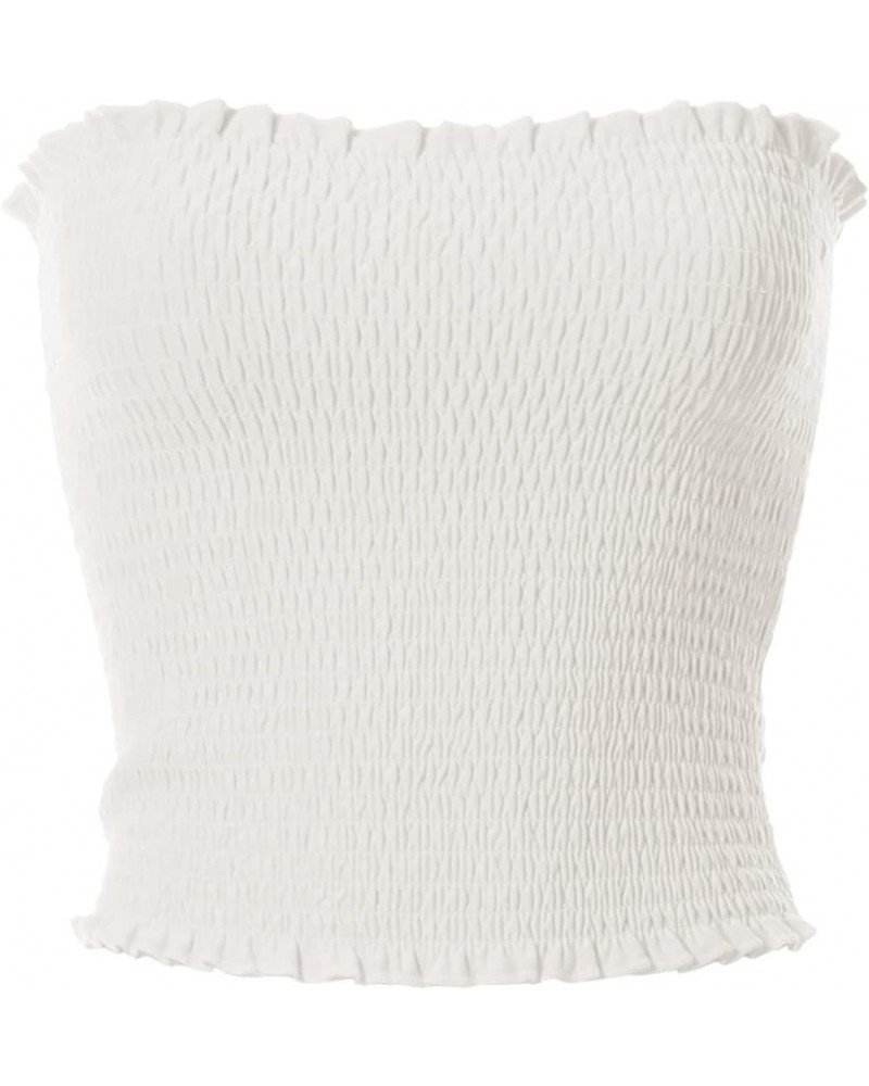 Women's Strapless Smocked Lettuce Hem Stretch Bustier Bandeau Crop Tube Top J White $10.99 Tanks