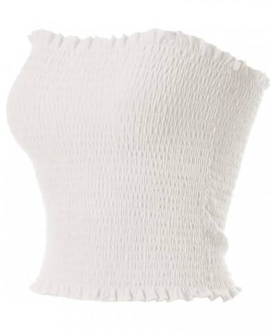 Women's Strapless Smocked Lettuce Hem Stretch Bustier Bandeau Crop Tube Top J White $10.99 Tanks