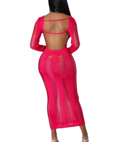 Women's Long Sleeve Backless Hollow Out Dress Y2k Crochet Knit Maxi Dresses Sexy Long Dresses Yj Rosy Red $13.77 Dresses