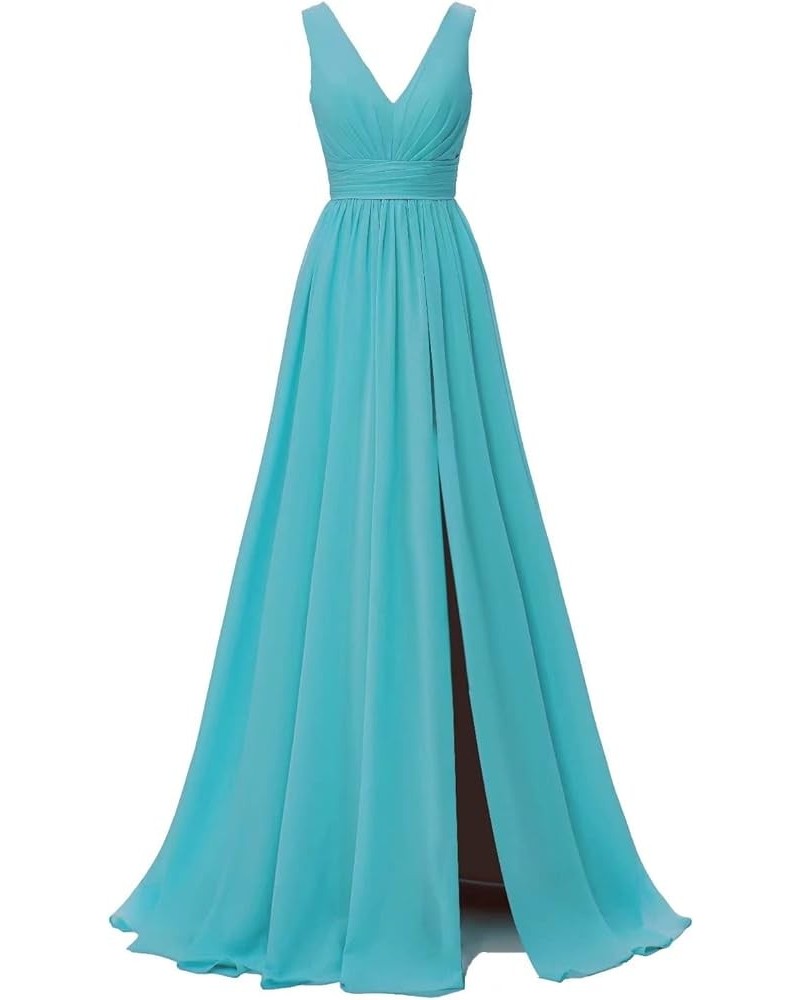 V Neck Bridesmaid Dresses Chiffon with Pleated Prom Dress A Line Formal Evening Dress for Women with Slit,R09 Turquoise $39.9...