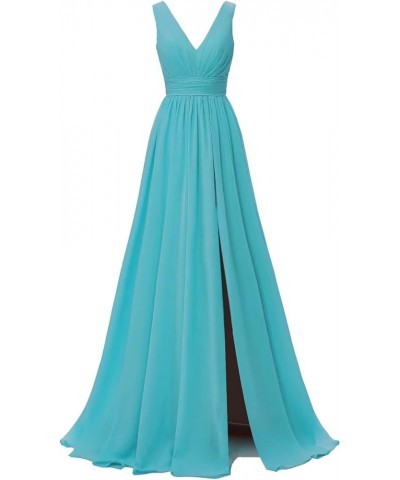 V Neck Bridesmaid Dresses Chiffon with Pleated Prom Dress A Line Formal Evening Dress for Women with Slit,R09 Turquoise $39.9...