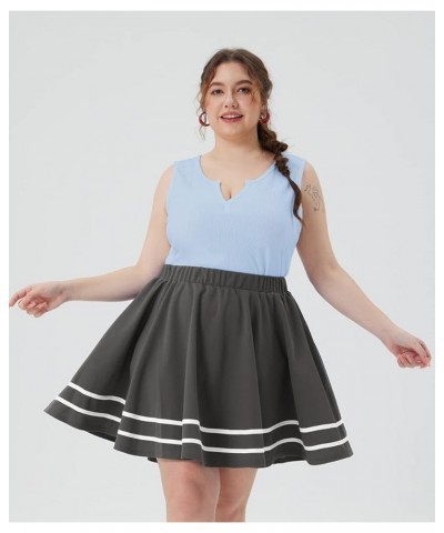 Women Plus Size Skirts Stretchy Buttons Hidden Zipper Mini Skirt Swing A Line Skater Skirt Black XL-5XL 9_ F063_ Stripes _ Gr...