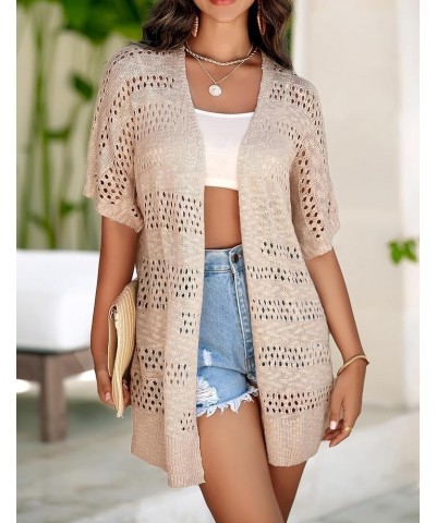 Lightweight Summer Crochet Cardigan for Women Short Sleeve Kimono Boho Oversized Open Front Knitted Cardigan Beige $20.71 Swe...