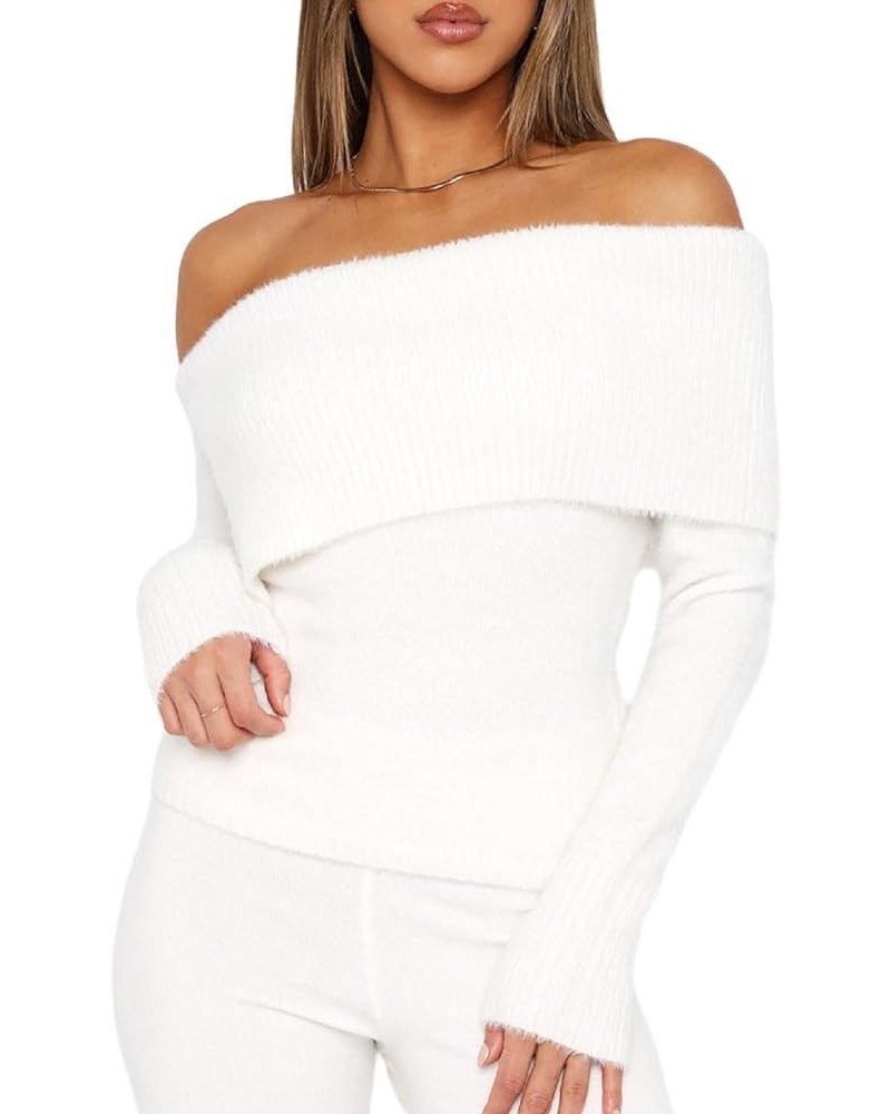 Women Sexy Off Shoulder Shirt Top Long Sleeve Slim Fit Sweater Tops Ruched Knitted Tops Streetwear Off Shou White 02 $10.44 S...