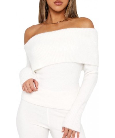 Women Sexy Off Shoulder Shirt Top Long Sleeve Slim Fit Sweater Tops Ruched Knitted Tops Streetwear Off Shou White 02 $10.44 S...